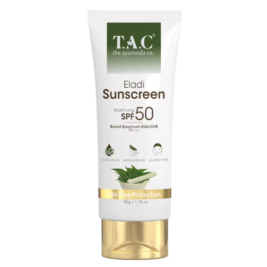 TAC - The Ayurveda Co. Eladi Sunscreen With SPF 50 Matifying Sun Protection, No White Cast UVA & UVB