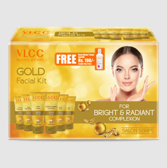 VLCC Gold Facial Kit for Bright and Radiant Complexion + Free Rose Water Toner